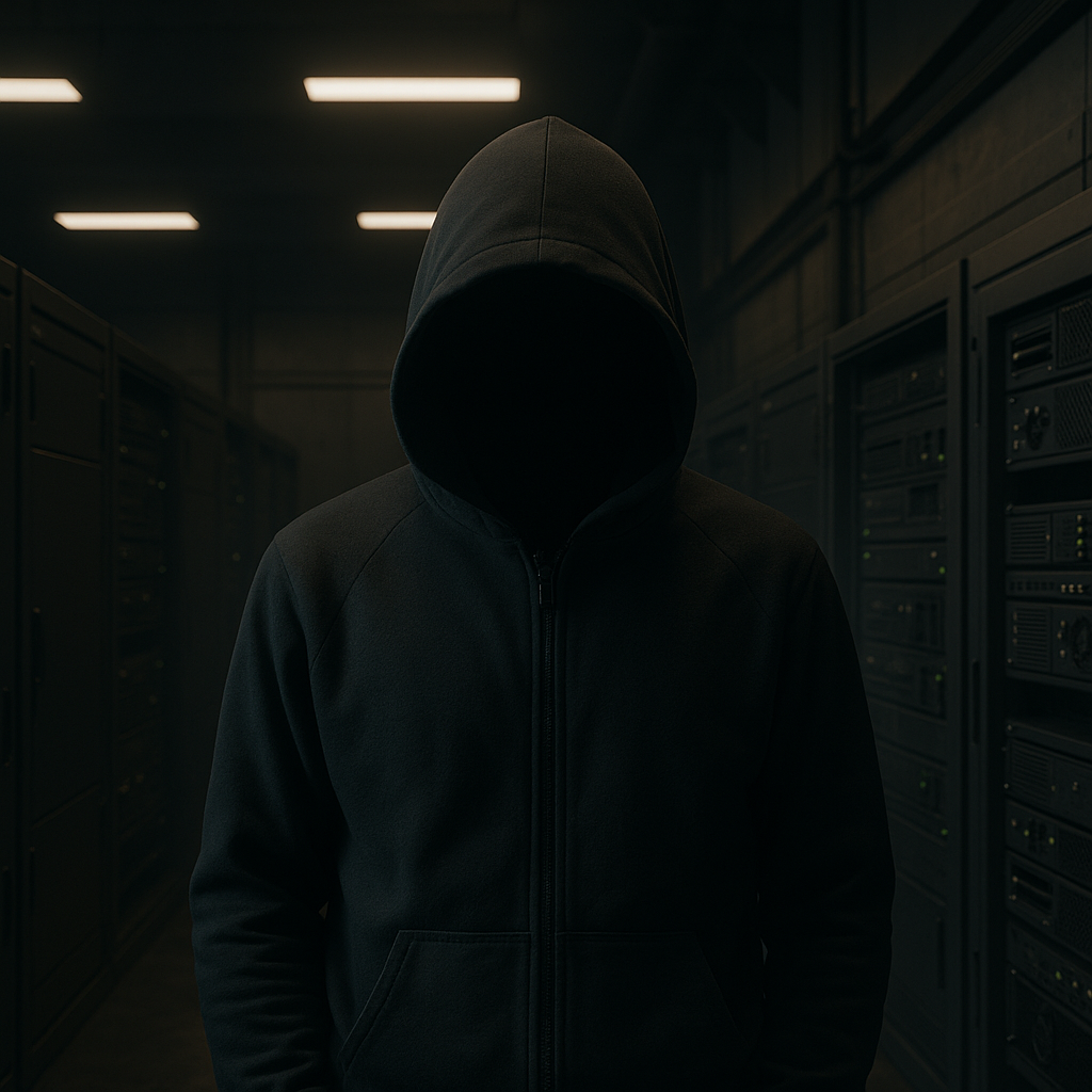 Cinematic 3D render of an anonymous user in a hood, standing in a dark server room with industrial lighting and matte black surfaces