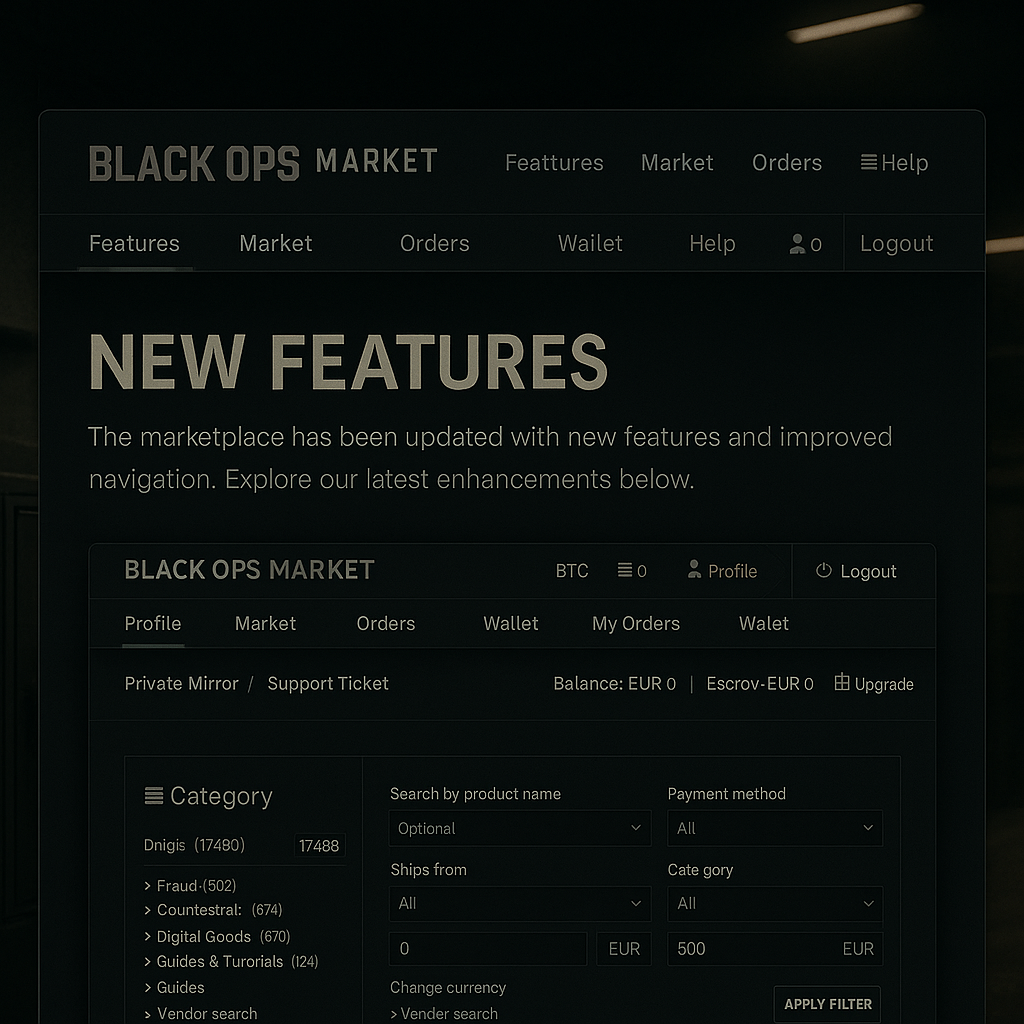Screenshot of Black Ops Market UI update, showing new features and improved navigation in a cinematic industrial style