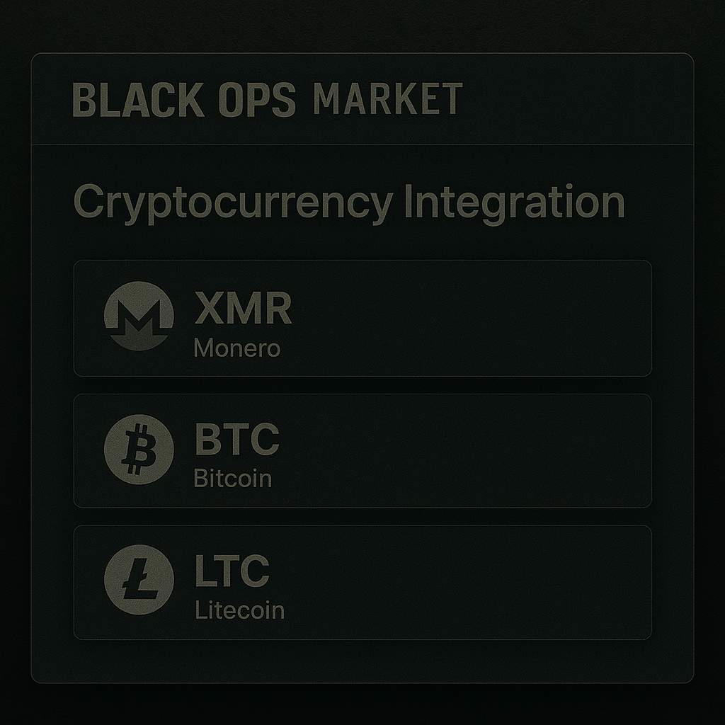 Screenshot of Black Ops Market cryptocurrency integration panel, showing XMR, BTC, and LTC options in a technical UI