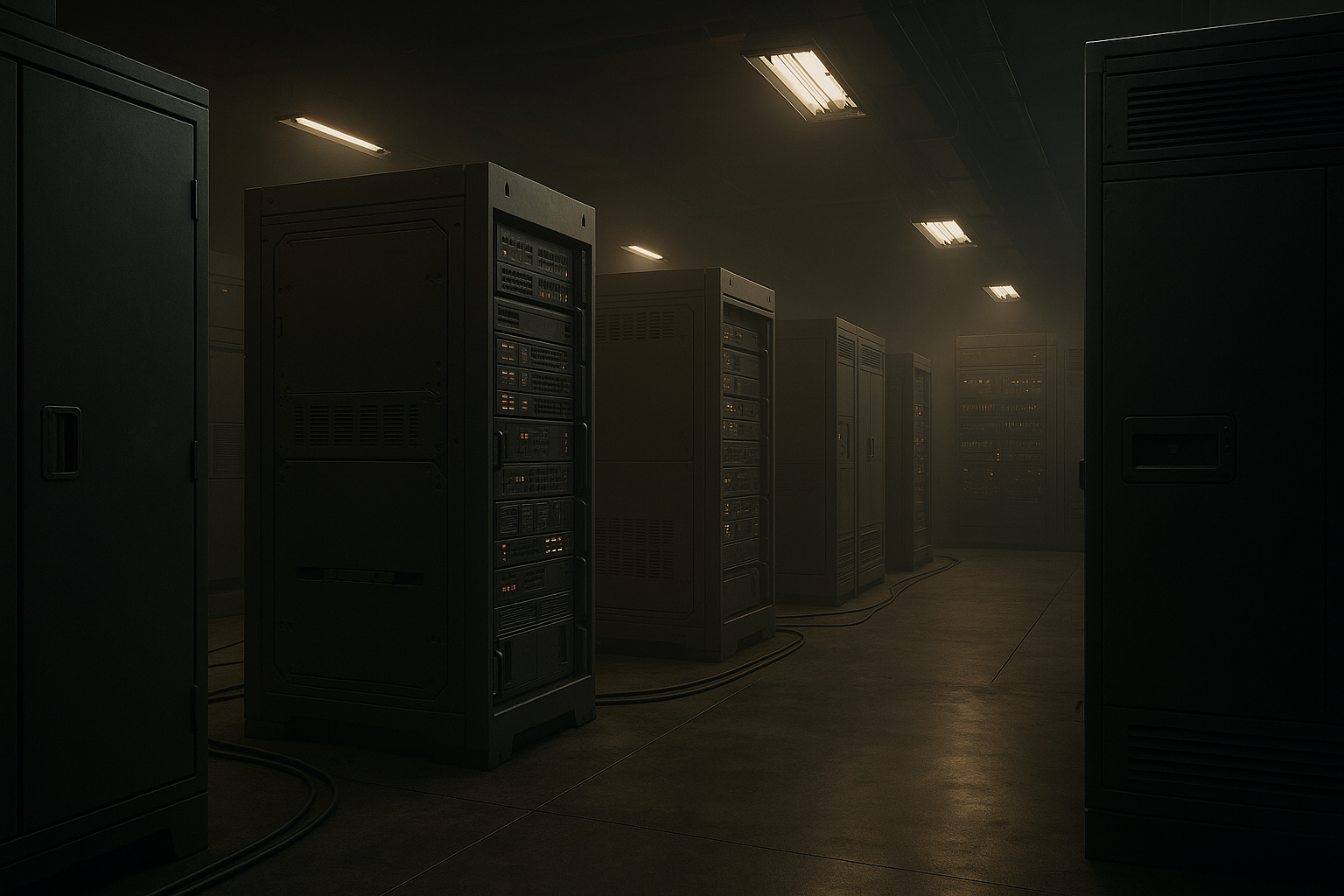 Cinematic 3D render of a military-industrial server room, matte black surfaces, subtle warm lighting, and atmospheric haze