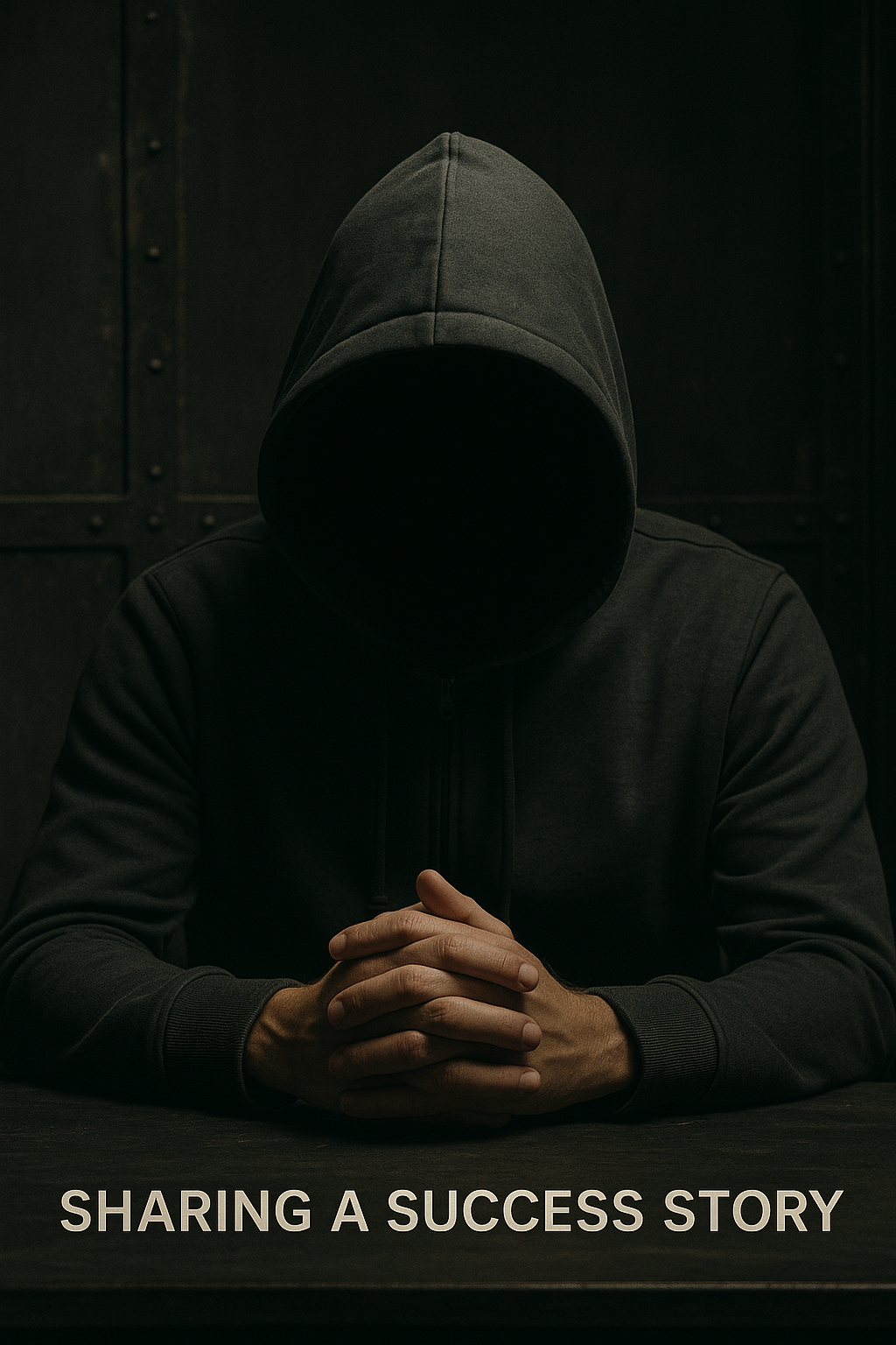 Photo of an anonymous user sharing a success story, with a cinematic industrial background and muted lighting