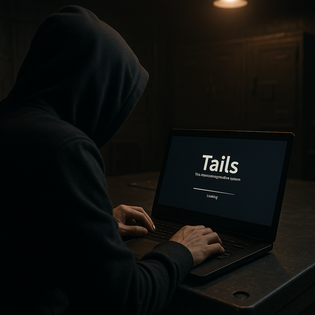 Photo of a user booting Tails OS on a laptop in a dark, industrial room, with a focus on privacy and security