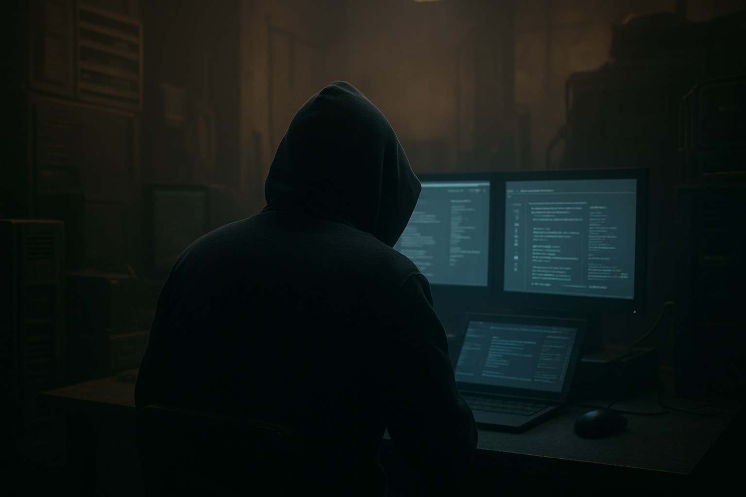 Cinematic 3D render of an anonymous user in a dark, industrial room, illuminated by computer screens with muted lighting