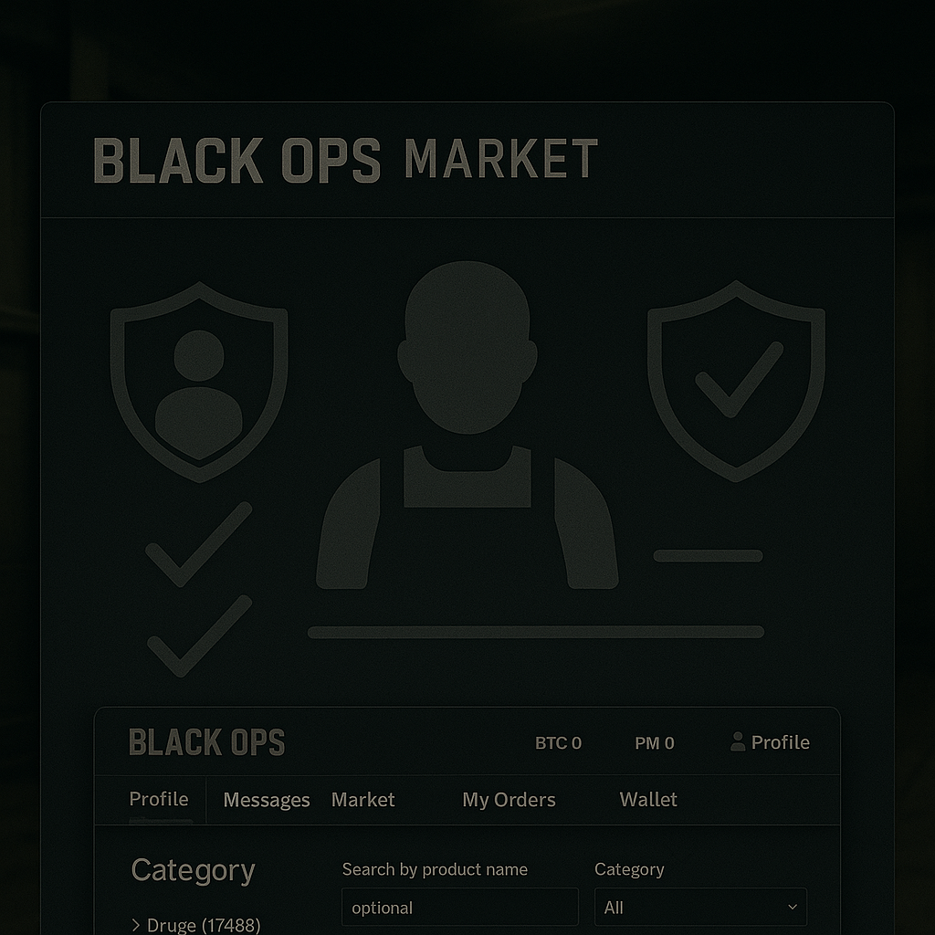 Illustration of the vendor verification process on Black Ops Market, with industrial UI elements and secure badge icons