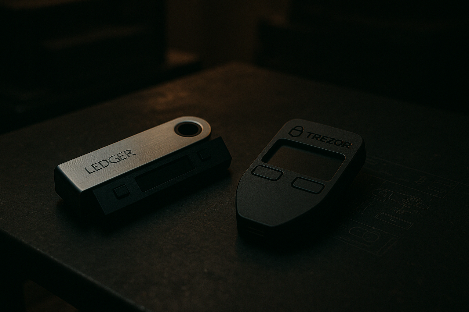 Cinematic 3D render of cryptocurrency hardware wallets on a matte black industrial table, with soft warm lighting and technical details
